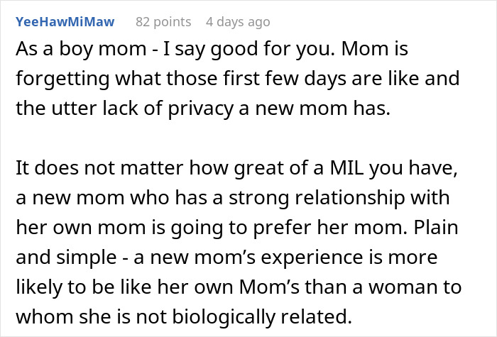 Text discussing a mother-in-law's reaction to a woman's decision about meeting the baby.