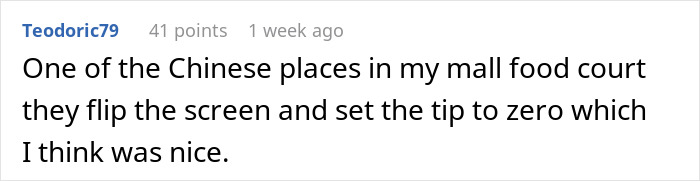 Comment about a cashier setting a tip to zero at a mall food court.