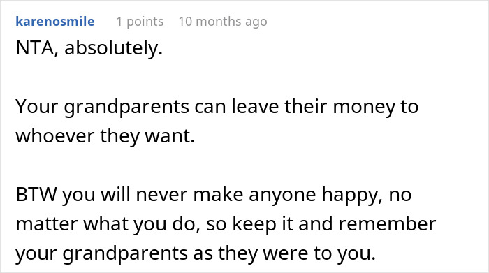 Reddit comment about grandparents' right to distribute inheritance and personal happiness. Reddit comment about grandparents' right to distribute inheritance and personal happiness.