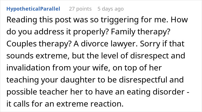 Text from a forum discussing family therapy and marital issues related to food complaints. Text from a forum discussing family therapy and marital issues related to food complaints.