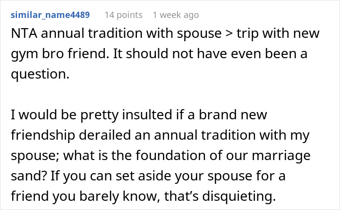Reddit comment discussing family tradition over new friendship.