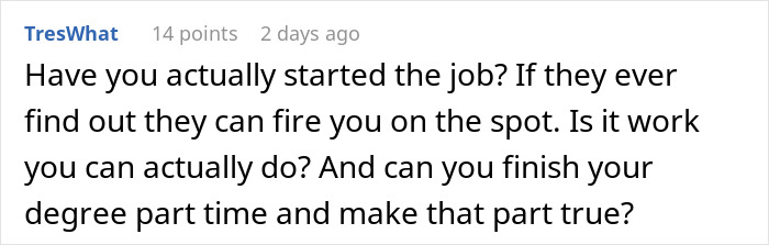 Comment questioning job security for lying on a finance resume.