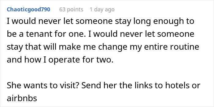 Text response about couple trying to impose rules during an unwanted visit to a sister's apartment.