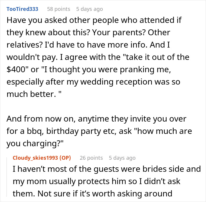 Text conversation about unexpected wedding charge of $115 after attending brother's wedding.