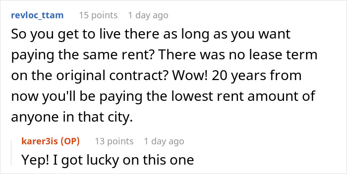 "Tenant discusses lease terms in a Reddit comment thread about reading the fine print and long-term rent benefits.