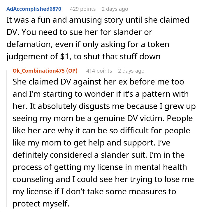 Reddit discussion about entitlement and legal actions after cheating incident. Reddit discussion about entitlement and legal actions after cheating incident.