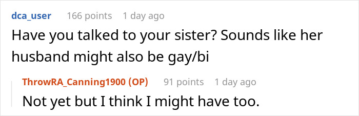 Reddit conversation discussing a husband's surprising revelation related to his sexuality.