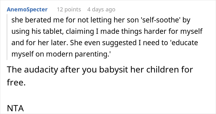 Reddit comment discussing modern parenting advice after babysitting for free.
