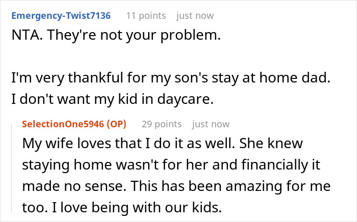 Comments discussing child care preferences and family responsibilities. Comments discussing child care preferences and family responsibilities.