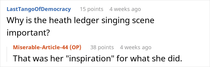 Reddit comments discussing the importance of the Heath Ledger singing scene and its inspiration.