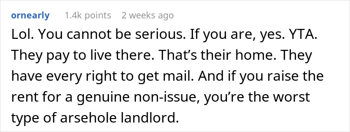 A Reddit comment criticizing a landlord for complaining about shopaholic tenants receiving mail.