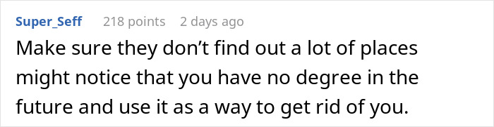 Comment about lying on resume for finance job, warning about lack of degree.