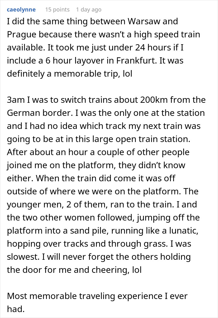 Text recounting a passenger's train detour experience between Warsaw and Prague, highlighting a memorable travel adventure. Text recounting a passenger's train detour experience between Warsaw and Prague, highlighting a memorable travel adventure.