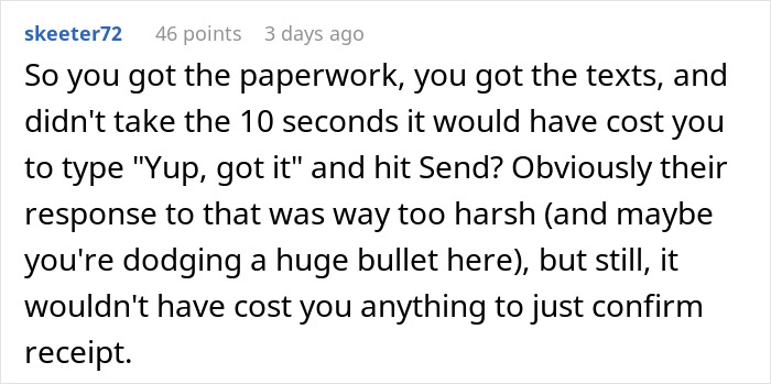 Text about communication failure when paperwork wasn't acknowledged via message before starting a job.
