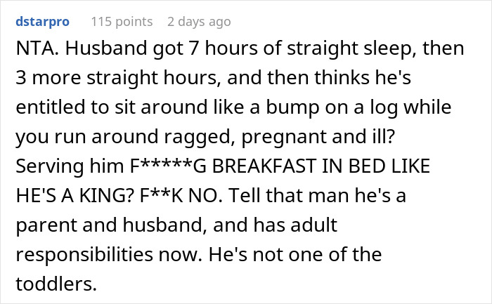 Comment discussing a husband's behavior towards his pregnant wife and sharing responsibilities with their toddler.