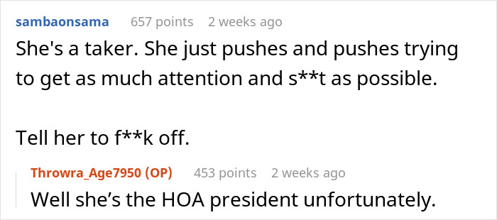 Comments about HOA President's behavior on a forum, mentioning her persistent and unwanted attention.