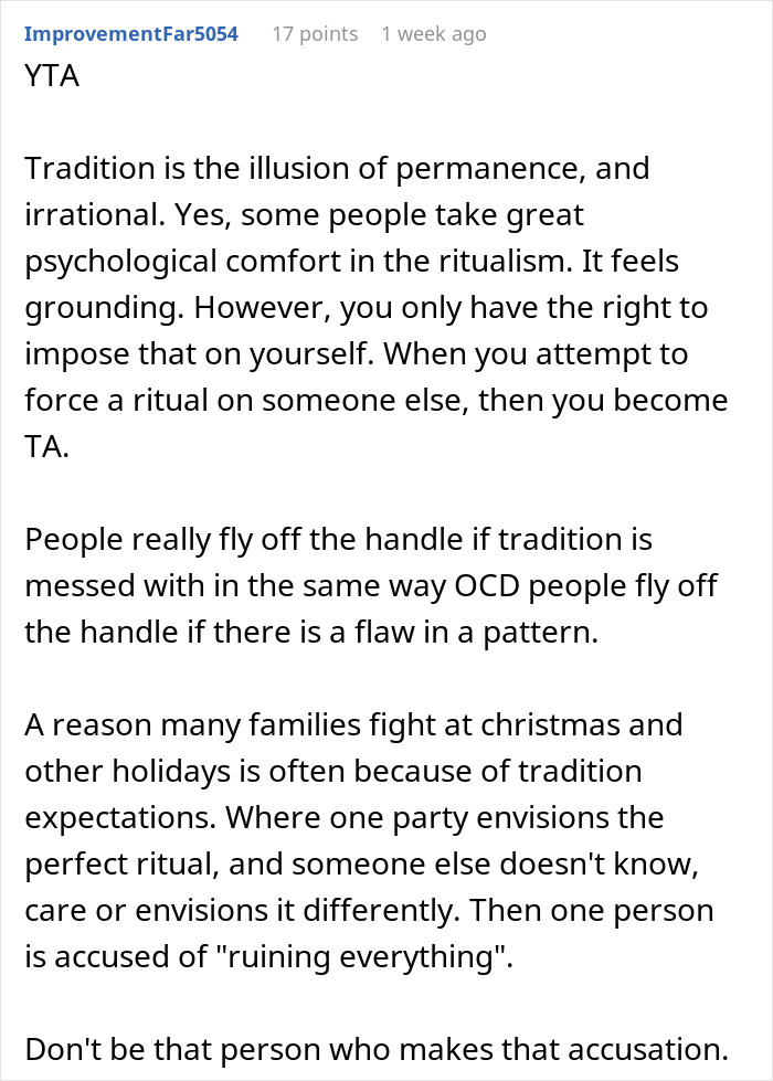 Text discussing family tradition and differing expectations around holiday rituals.