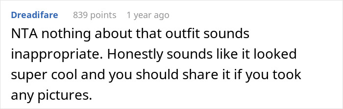 Reddit comment on sister's pantsuit outfit as a wedding guest attire, suggesting it looked cool and should be shared.