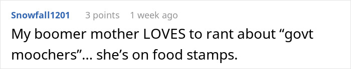 Comment about a boomer complaining of "govt moochers" while using food stamps, highlighting irony in financial discussions.