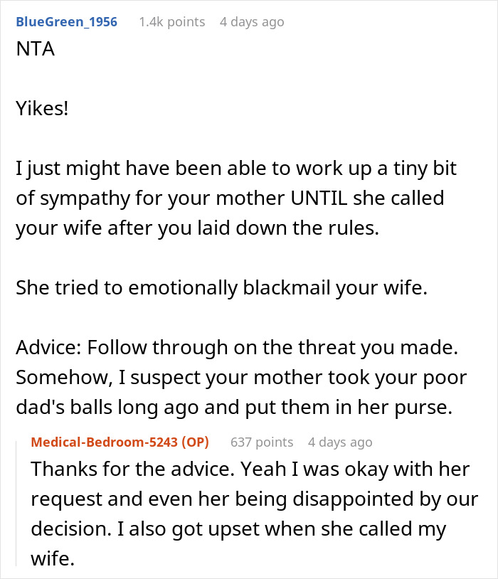Reddit exchange discussing a mother-in-law's reaction to a woman's decision not to meet the baby.
