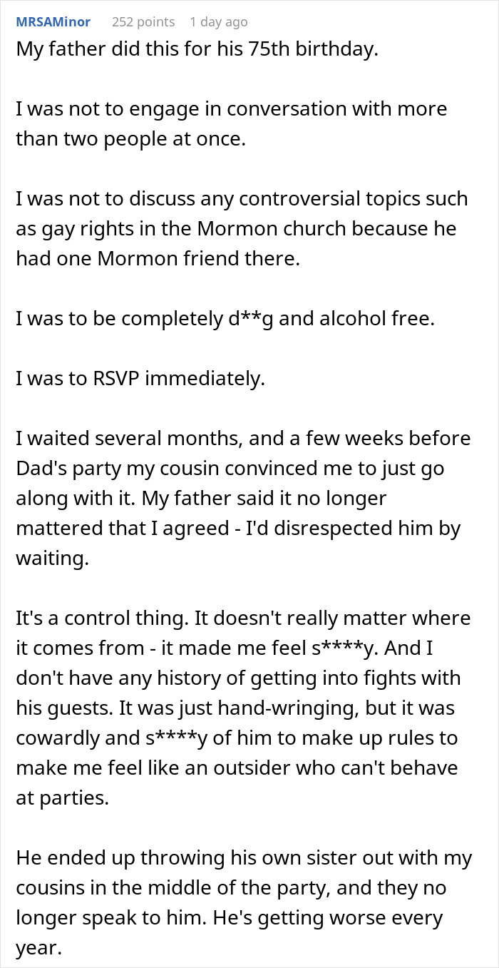 Text image discussing a father's strict rules for his birthday, leading to family issues and disagreements. Text image discussing a father's strict rules for his birthday, leading to family issues and disagreements.