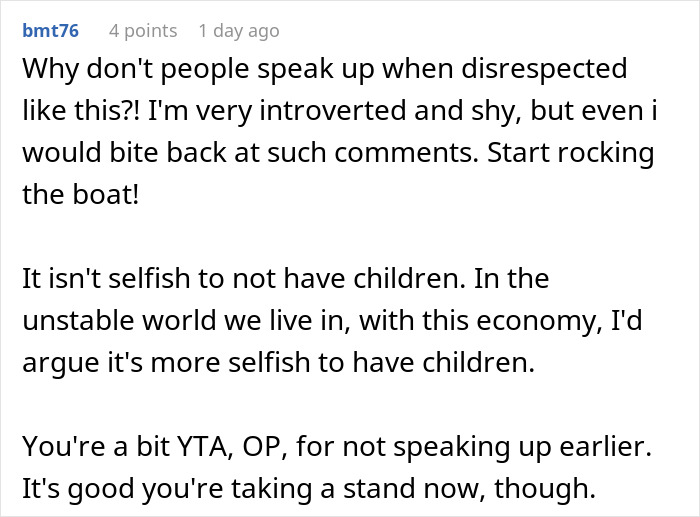 Reddit comment criticizing rudeness and encouraging standing up for oneself.