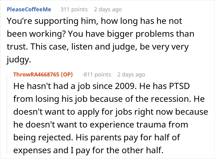 Reddit thread discussing TikTok trend about listening without judging, involving job loss since 2009 and financial support issues.