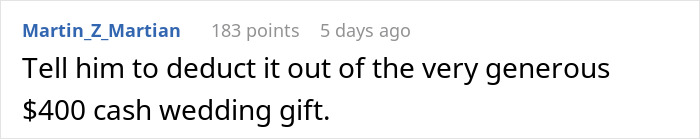 Reddit comment discussing a $115 charge and a $400 wedding gift, related to a brother's wedding.