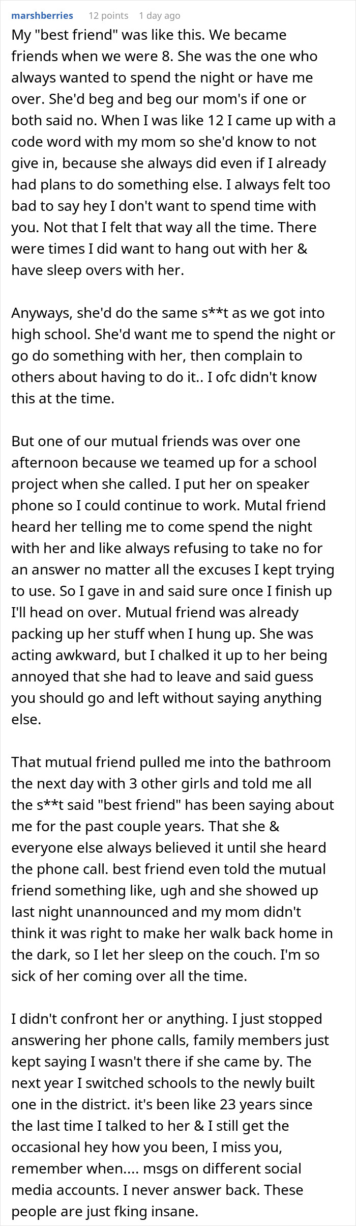 Text reveals a woman's friend secretly dislikes her, leading to feelings of betrayal and sadness.