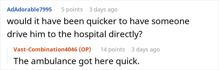 Reddit conversation about speed of an ambulance taking a bleeding employee to the hospital. Reddit conversation about speed of an ambulance taking a bleeding employee to the hospital.