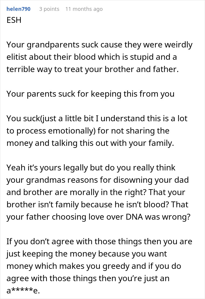 Reddit comment criticizing a family's decision about inheritance secrets and family dynamics. Reddit comment criticizing a family's decision about inheritance secrets and family dynamics.