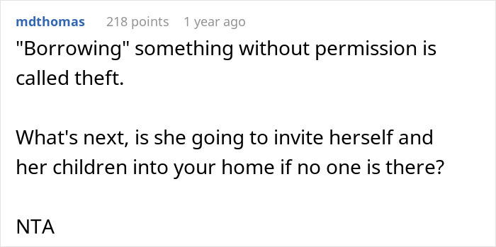 Reddit comment discussing unpermitted pool use as theft, questioning future boundary violations. Reddit comment discussing unpermitted pool use as theft, questioning future boundary violations.
