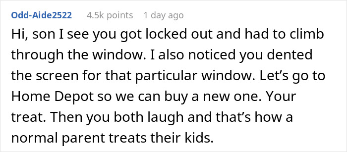 Text exchange about being locked out and climbing through a window, mentioning a dented screen and going to Home Depot. Text exchange about being locked out and climbing through a window, mentioning a dented screen and going to Home Depot.