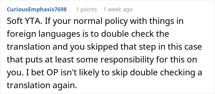 Reddit comment discussing foreign language translation policies and personal responsibility.