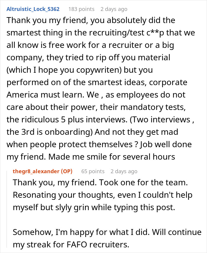 Reddit comments about recruiter regrets ghosting candidate, discussing corporate interview practices and self-advocacy.