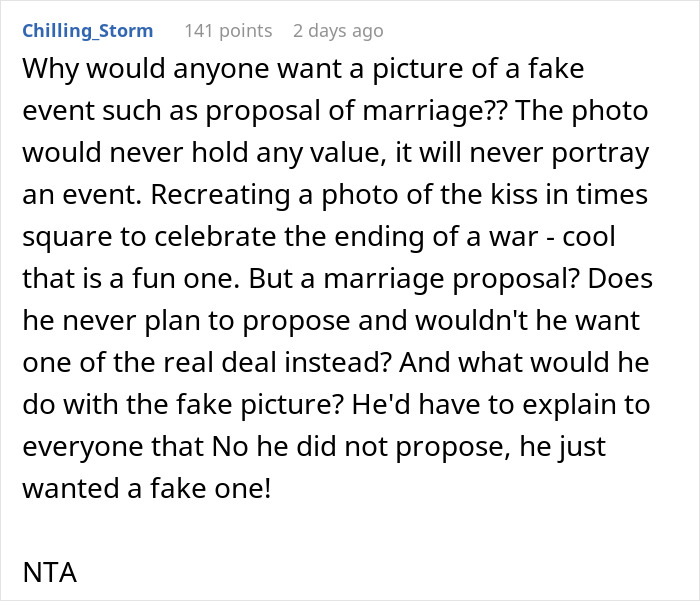 Text post discussing the value of staging a fake proposal in Paris, questioning its significance. Text post discussing the value of staging a fake proposal in Paris, questioning its significance.