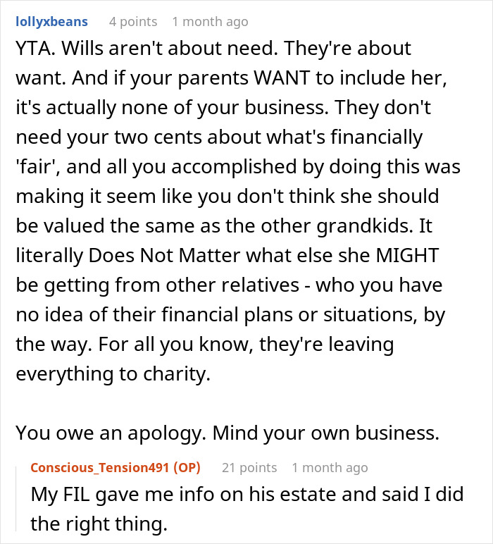 Online comment criticizing a husband's stance on excluding his daughter from a will. Online comment criticizing a husband's stance on excluding his daughter from a will.