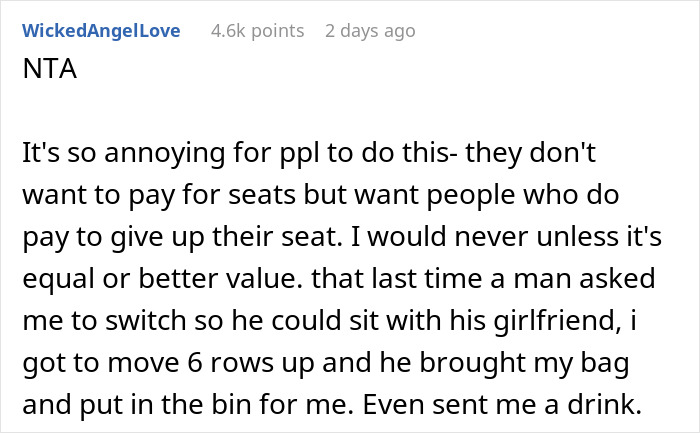Reddit comment on failed attempt by mom to switch plane seat, user expressing frustration.