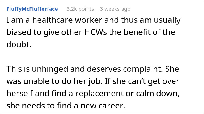 Healthcare worker's comment on a nurse's reaction to a spider tattoo, questioning her ability to handle the job.