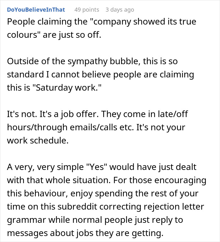 Text criticism about job offer timing and responses related to getting fired before starting.