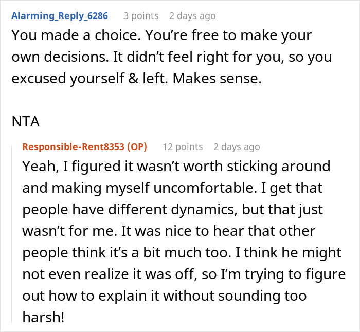 Reddit discussion about a woman leaving a date early, citing discomfort with family dynamics as the reason.