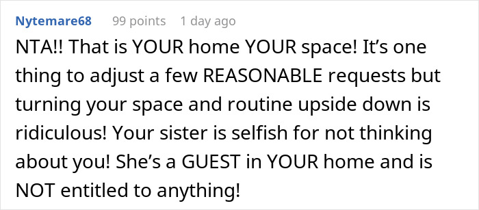 Comment about couple imposing rules on sister's apartment, emphasizing personal space and boundaries.