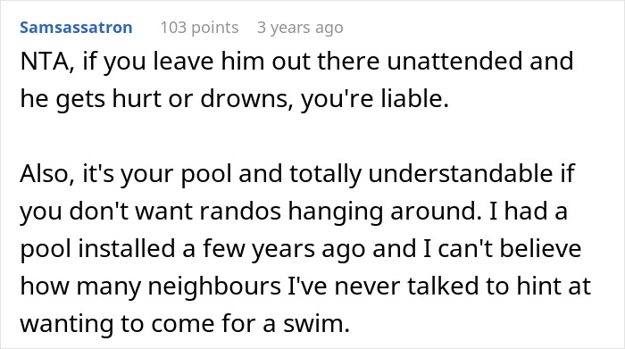 Text from online forum discussing liability and safety concerns of kids alone by the pool. Text from online forum discussing liability and safety concerns of kids alone by the pool.
