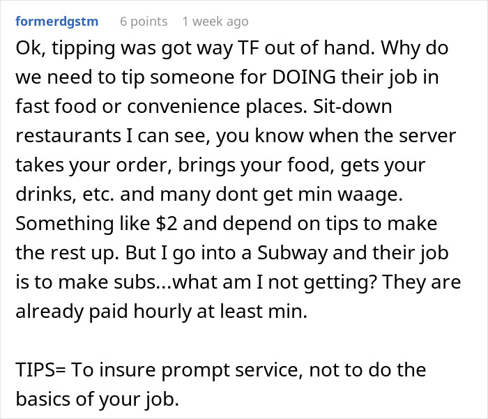 Text discussing tipping culture, questioning why tips are needed for fast-food jobs already paying an hourly wage.