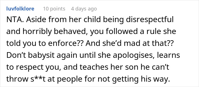 Text comment discussing disrespectful behavior and babysitting boundaries.