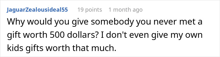 Comment questioning the value of gifting a $500 item, referencing a child's rare backpack. Comment questioning the value of gifting a $500 item, referencing a child's rare backpack.