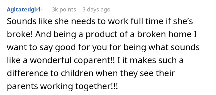 Comment discussing co-parenting support, emphasizing the positive impact on children when parents collaborate.