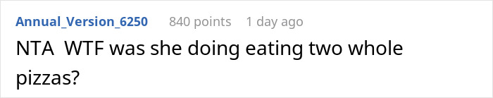 Reddit comment discussing someone eating two pizzas in the context of adding extra fee. Reddit comment discussing someone eating two pizzas in the context of adding extra fee.