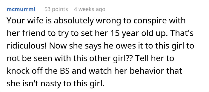 Comment discussing dad's support for son against being set up with family friend's daughter.
