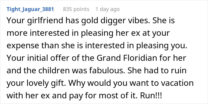 Comment on financial expectations in relationships, mentioning a gift and a vacation dilemma with ex-family.
